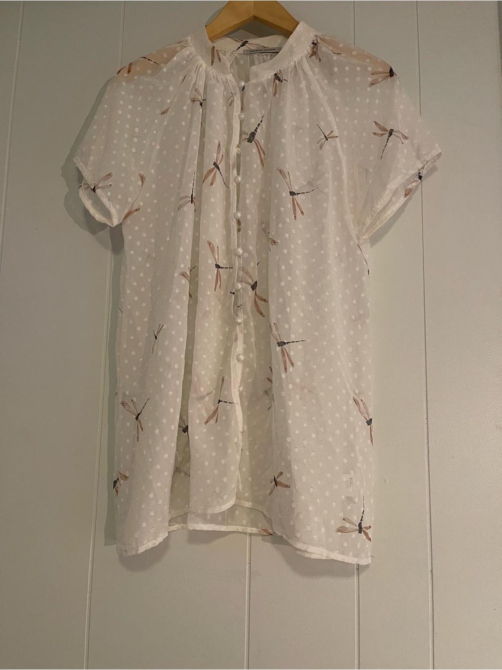 MISSLOOK White Sheer Polka Dot Blouse with Dragonfly Motif
